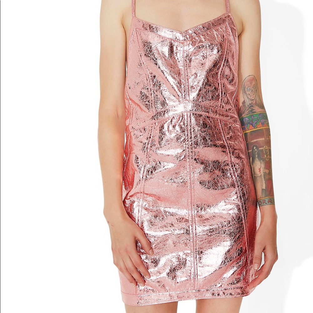 For Love & Lemons Metallic Rose Gold Leather-look Slip Dress